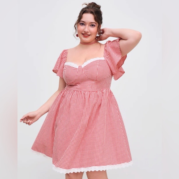 Cider Dresses & Skirts - Cider Red Gingham Sweetheart Puff-Sleeve Mini Dress